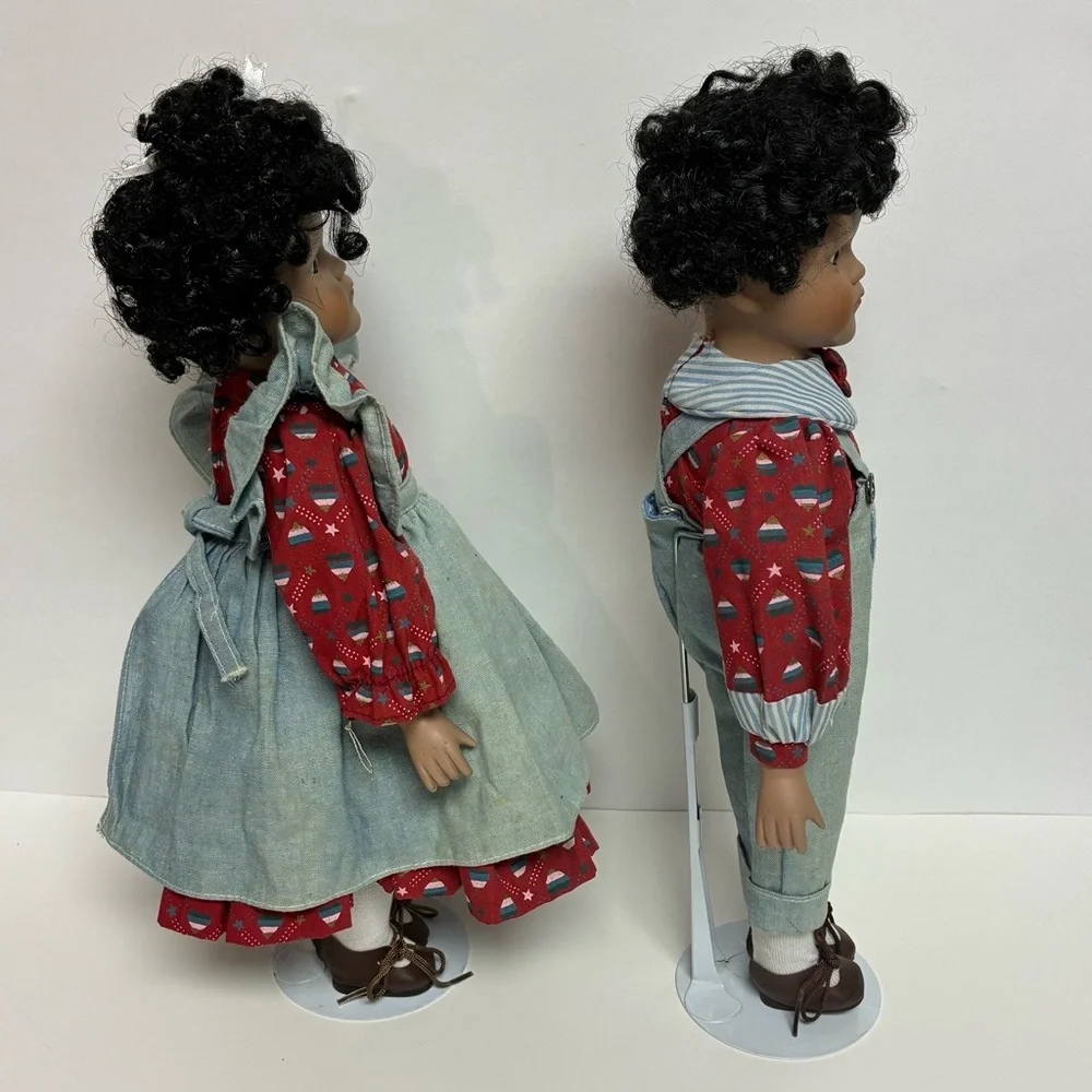 Delton Product Corp. Porcelain Brown Boy Girl Dolls Stands Matching Outfits